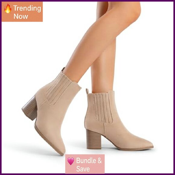 Women's Chunky Heel Ankle Boots Pointed Toe Slip On Fall Shoes - Picture 3 of 7